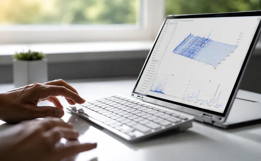 Renewable energy analyst reviewing turbine data