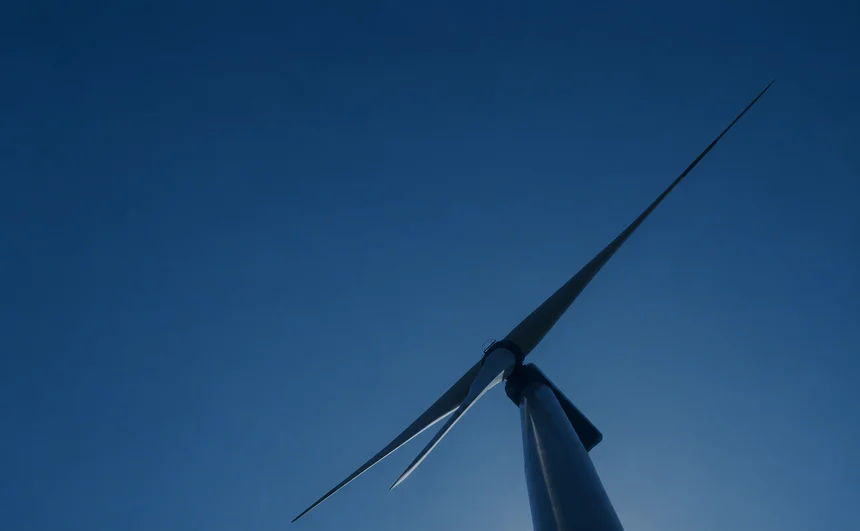 Wind turbine viewed from below against a deep blue sky